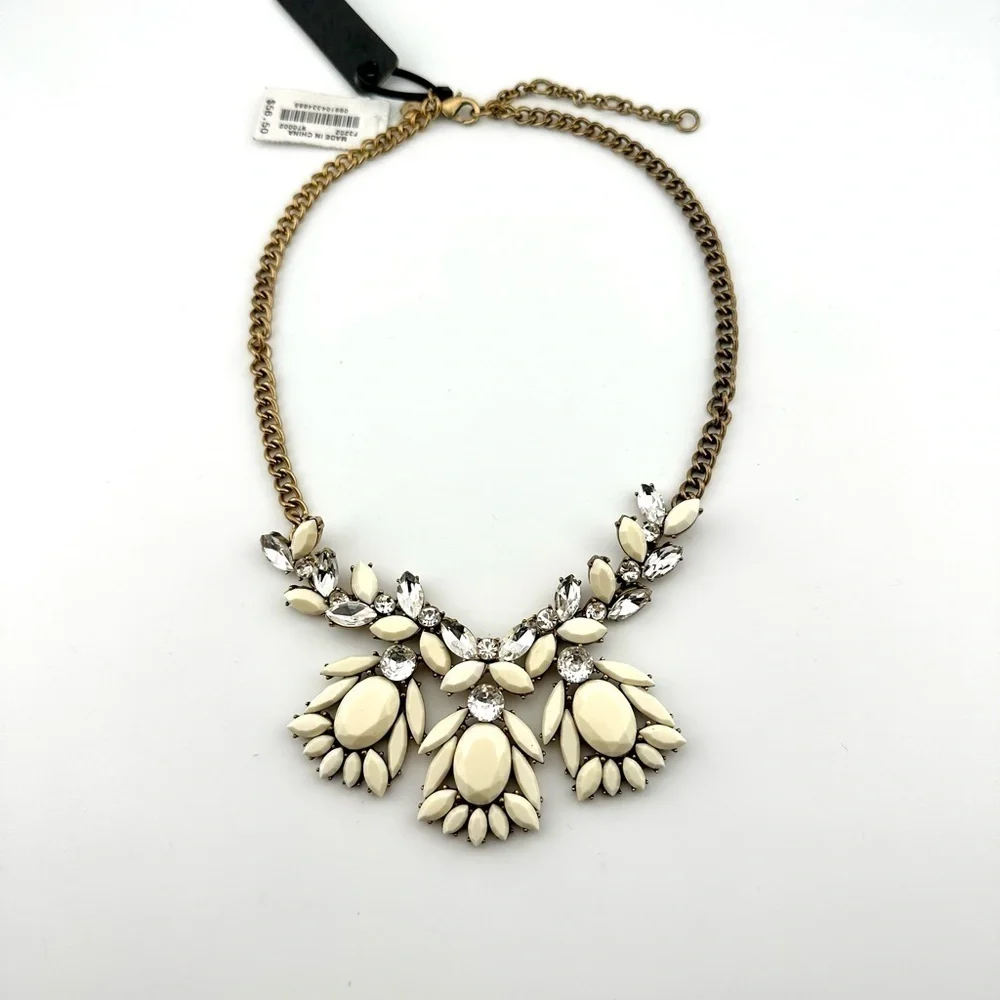 NWT J. Crew Necklace in Beige Off-White with Rhinestones & Gold-tone Chain